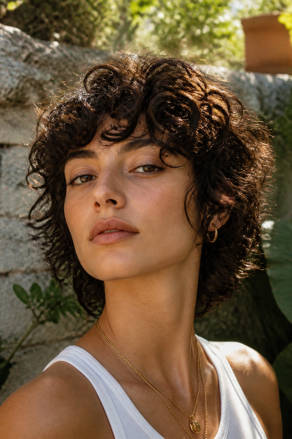 Close-up of a real woman with curly short shag and defined curls