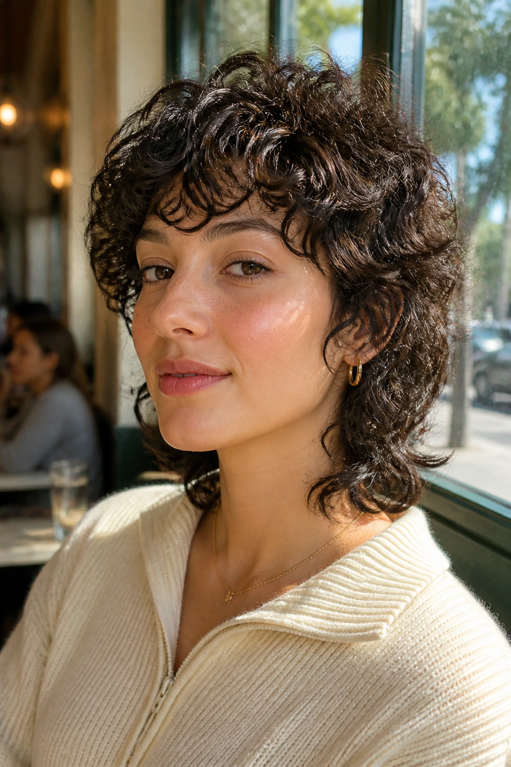 Close-up of a real woman with curly short wolf cut showing lifted curls and layered perimeter.