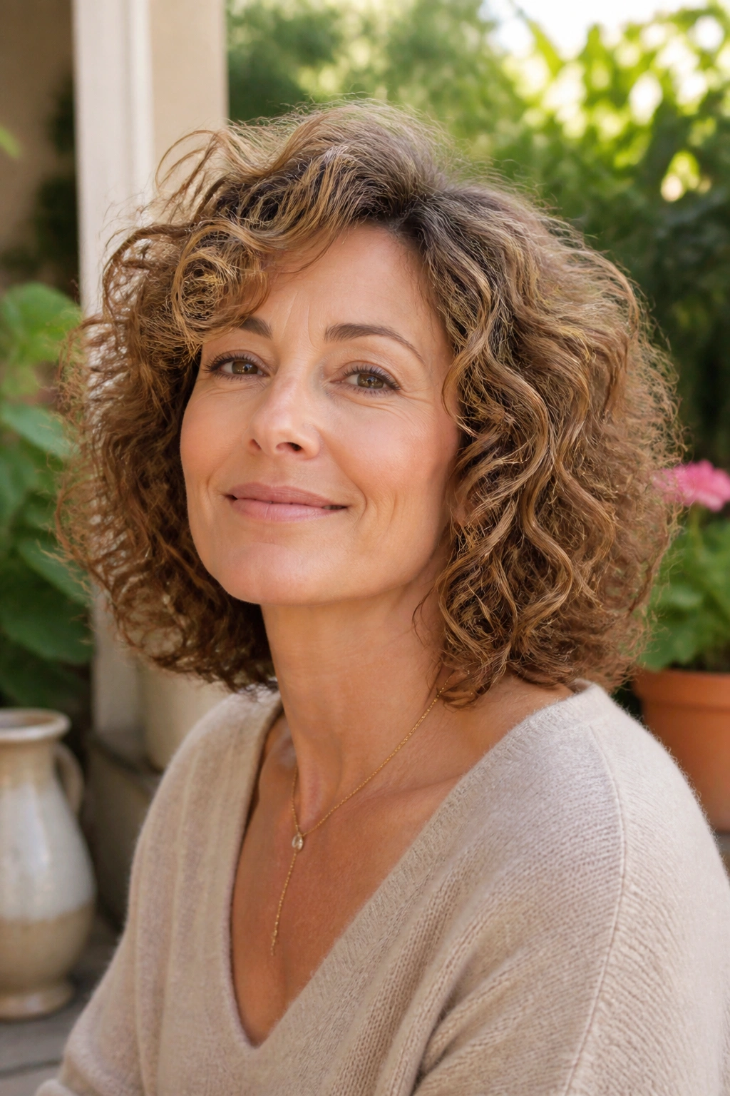 Real woman with shoulder-length curly hair in a rounded shape.