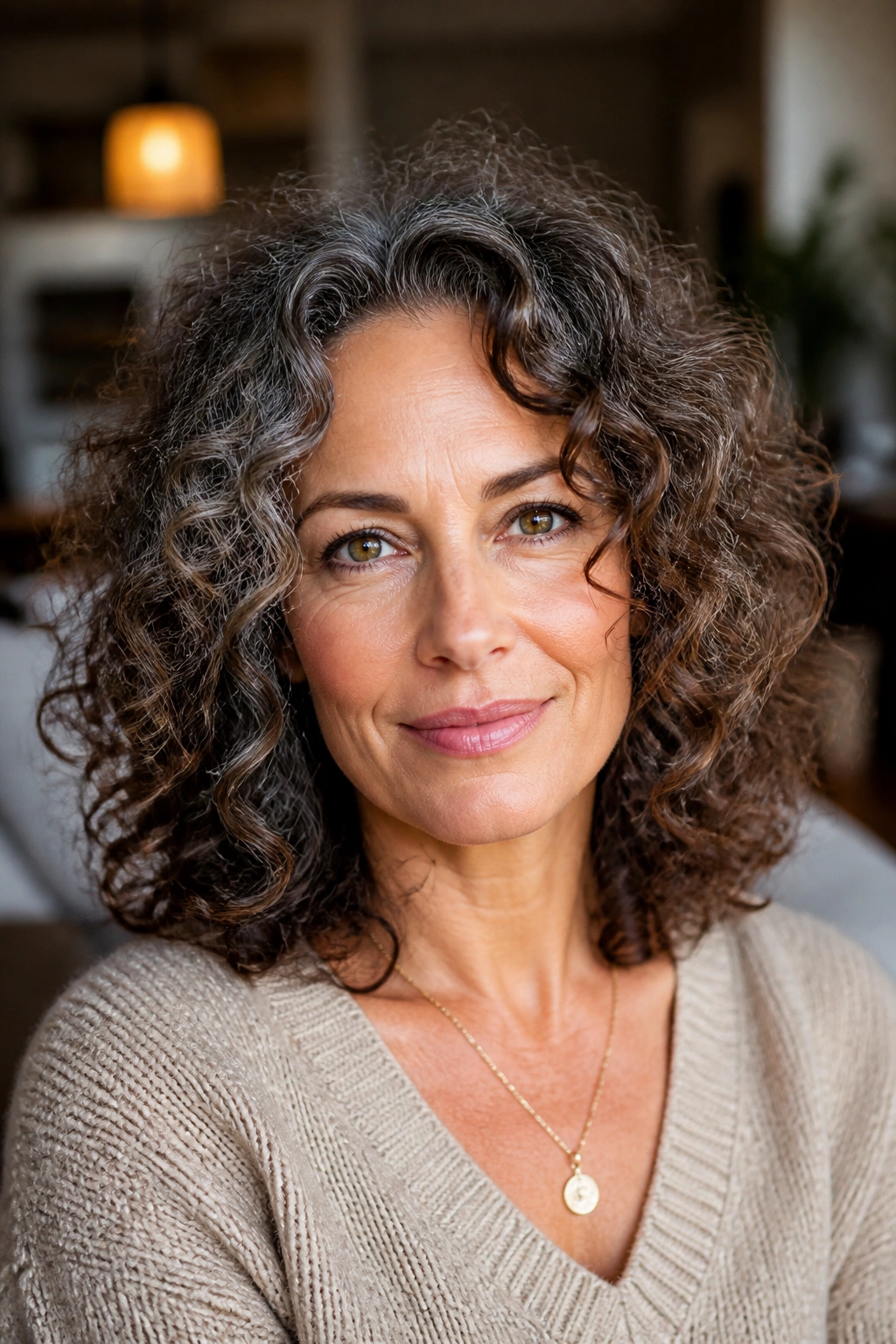 Real woman with curly shoulder-length hair displaying stacked curls