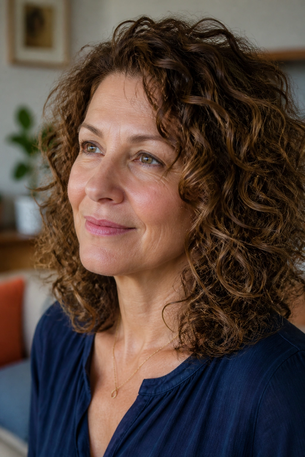 Close-up of real woman with shoulder-length curly hair shaped to avoid triangle