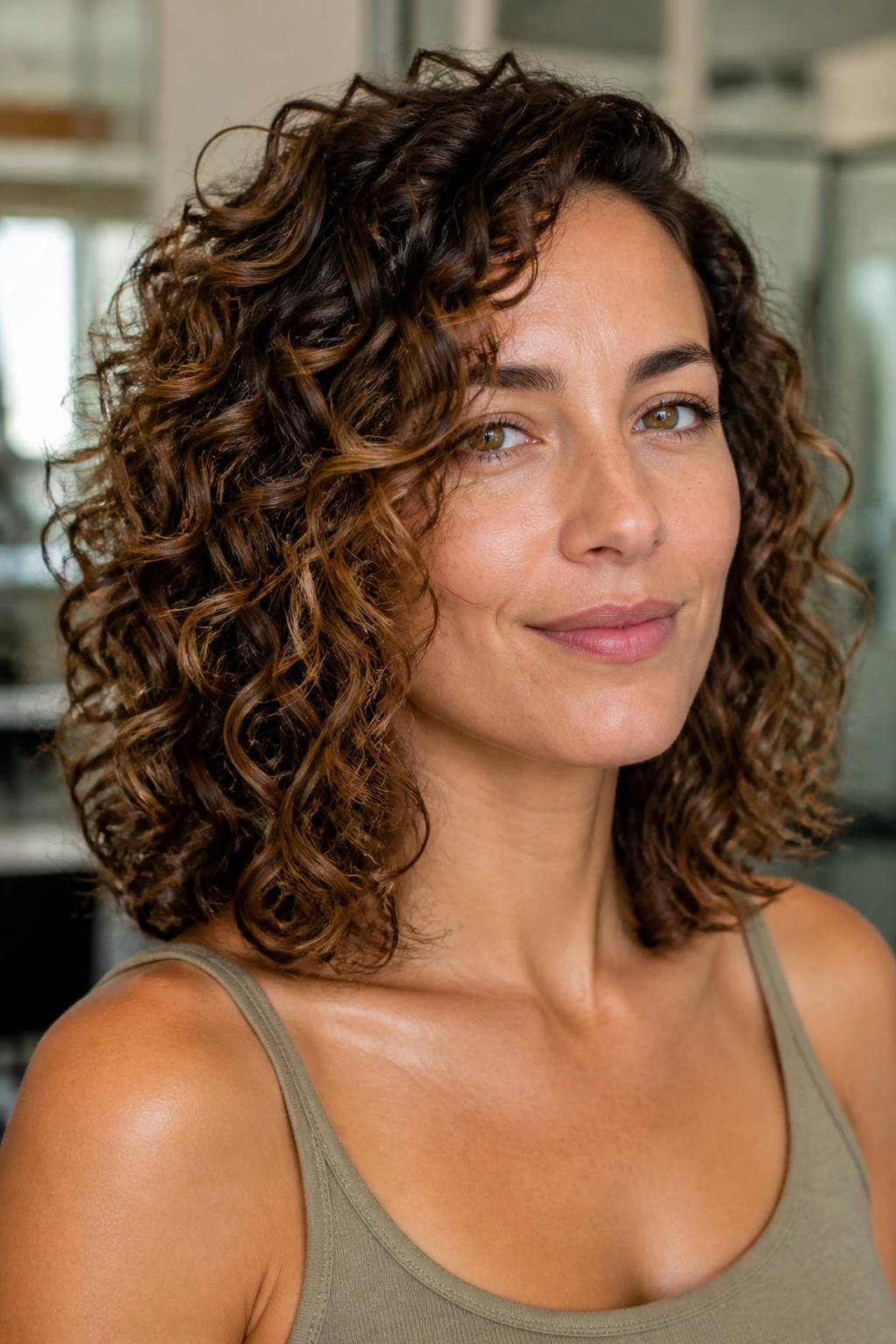 Close-up of a real woman with bouncy curly shoulder-length layered hair