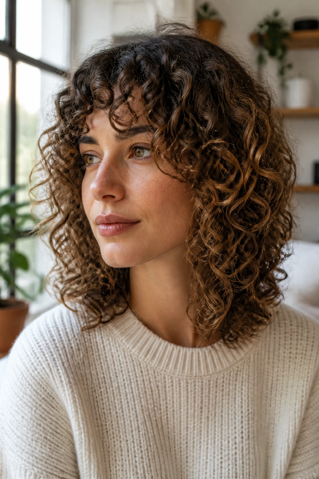 Close-up of shoulder-length curly hair with step-cut layers on a real woman