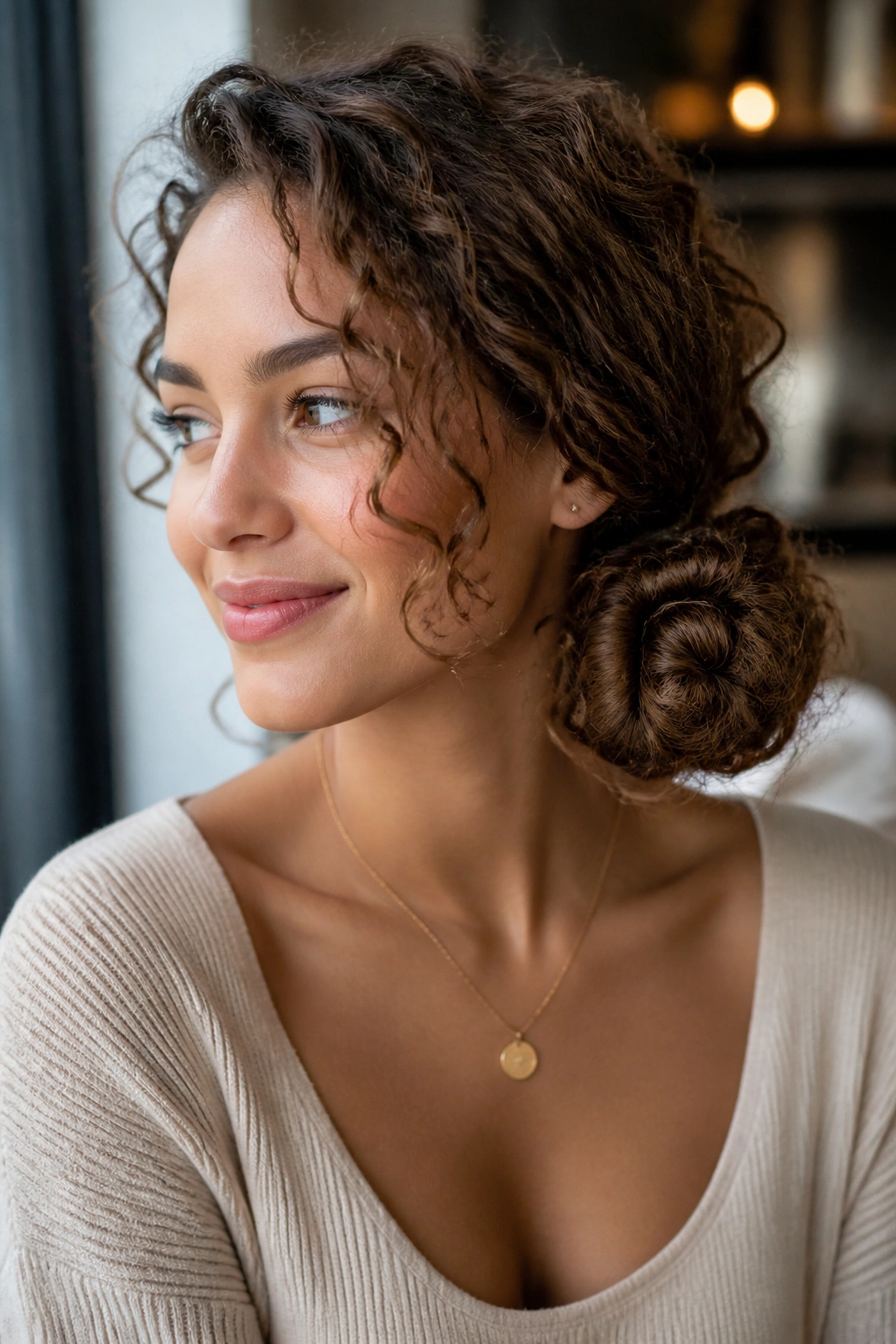 Close-up of a real woman with a low, curly side bun and front curls.