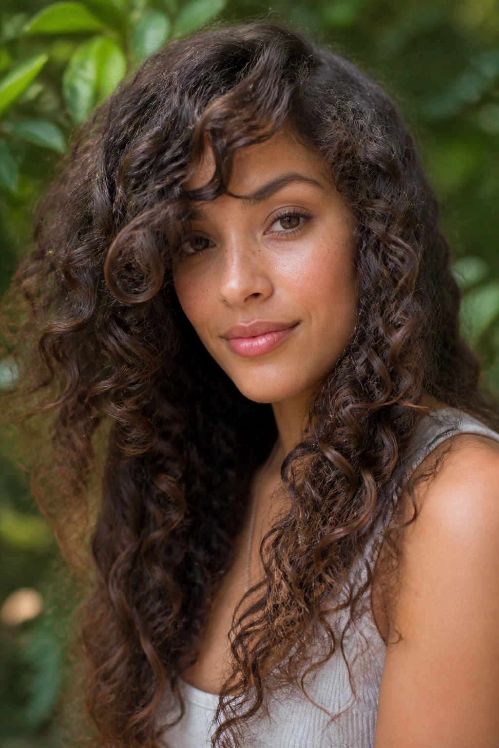 Close-up of a real person with curly long hair and side swept bangs