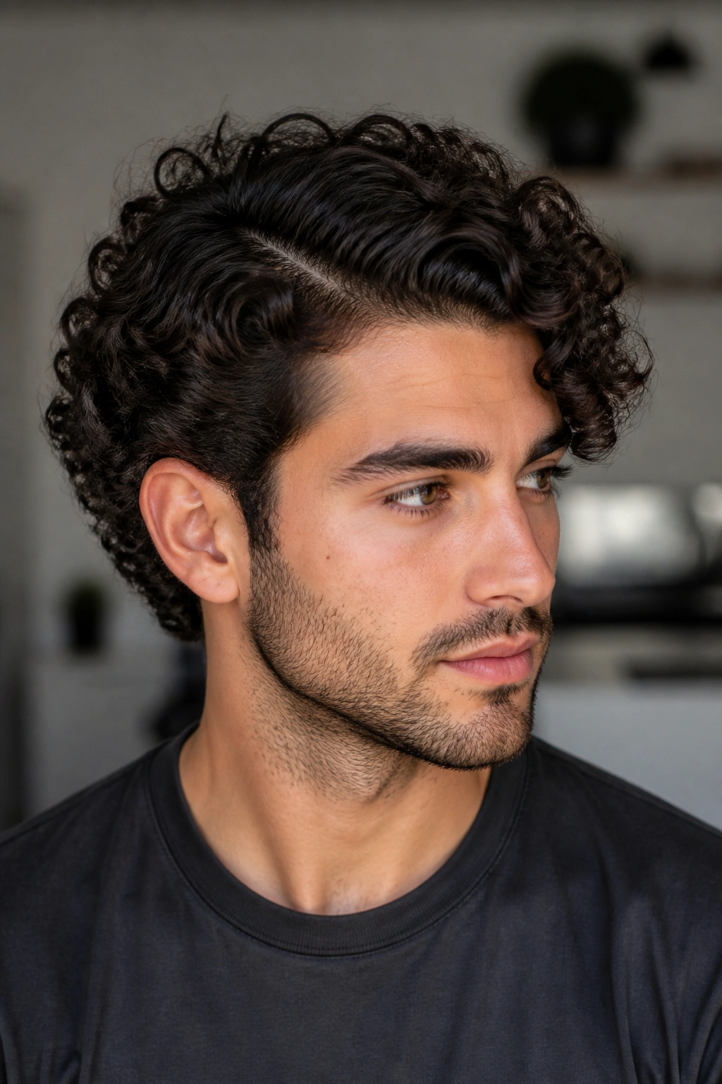 Portrait of a man with curly hair styled in a side part