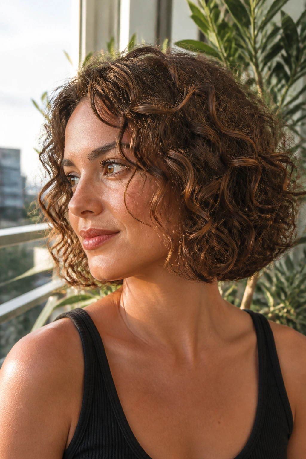 Portrait of a real person with a curly sliced bob showing natural curl pattern and tapered ends