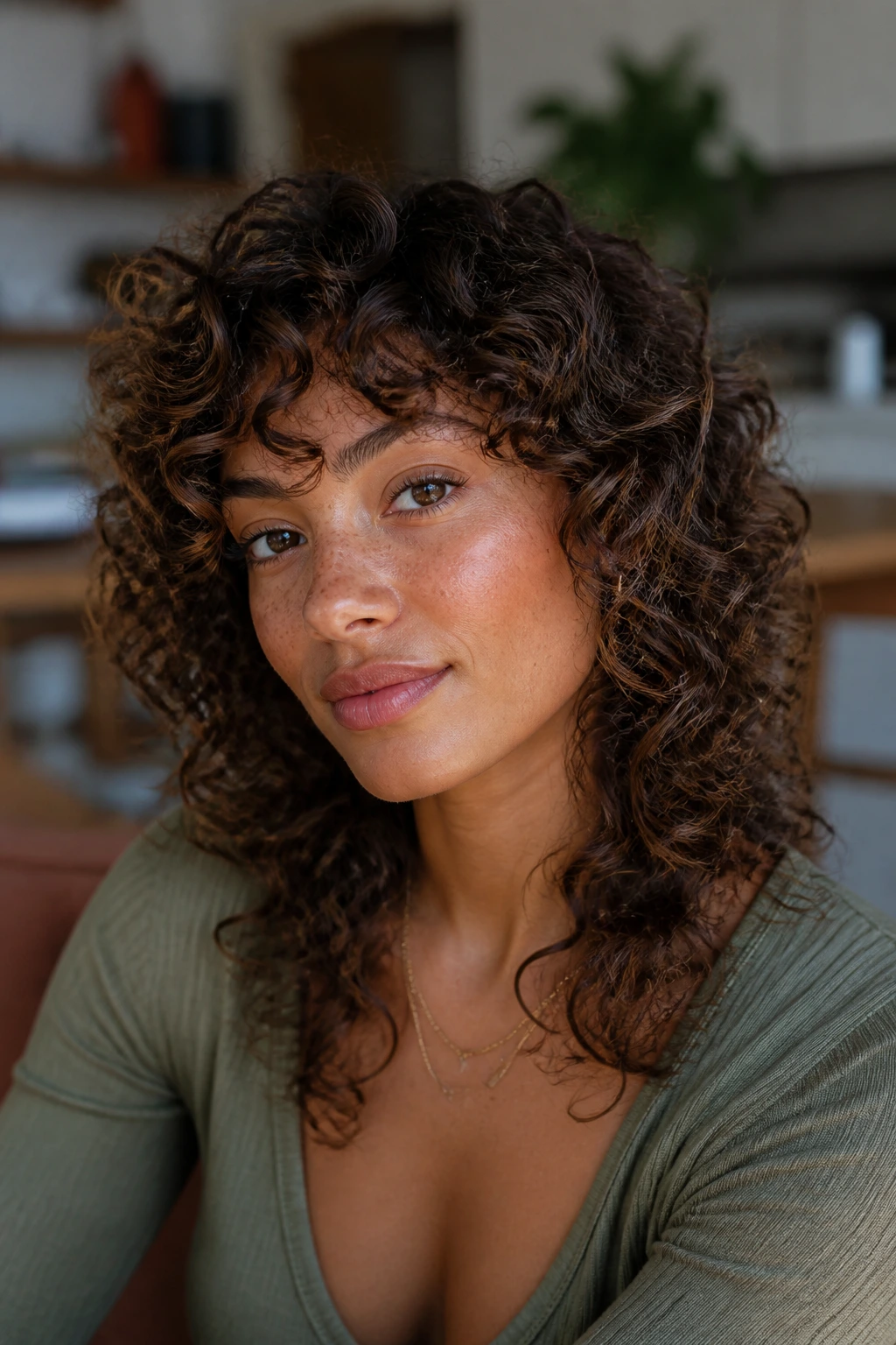 Close-up of a real person with curly soft shag hairstyle