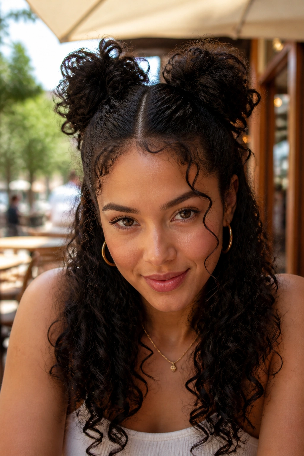 Close-up of a real woman with curly space buns and long ends in warm outdoor light