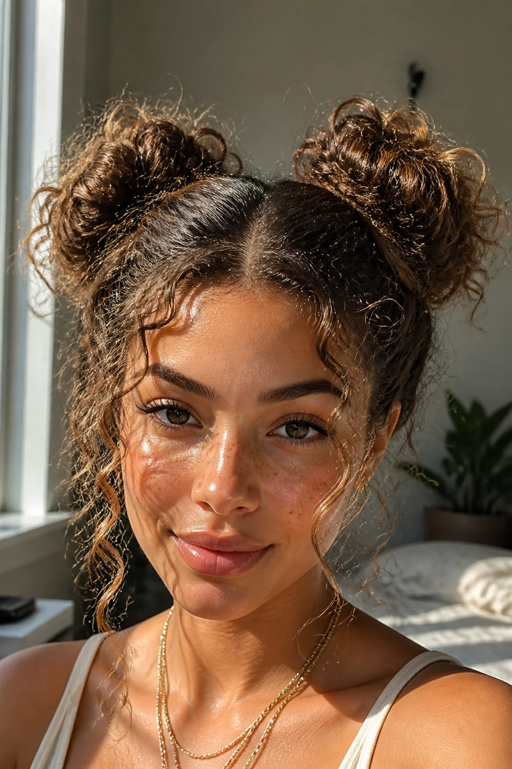 Close-up portrait of a real woman wearing curly space buns with crown lift