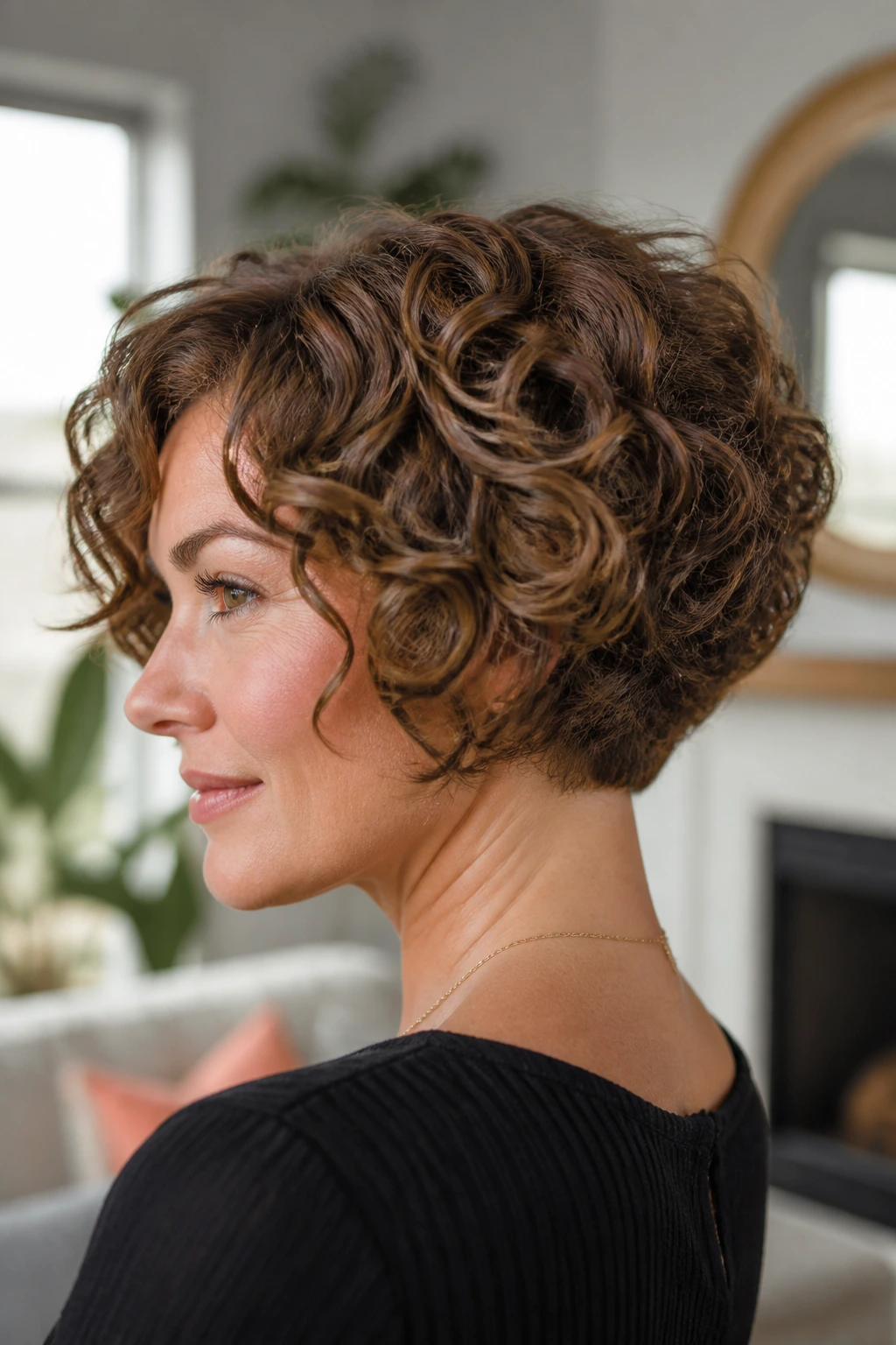 Close-up of a real woman with curly stacked bob showing lifted crown and back stack