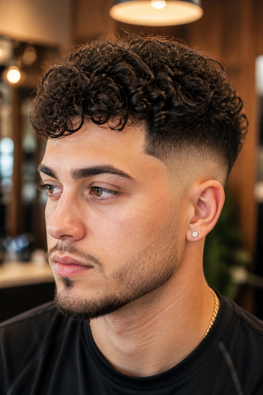 Close-up portrait of Curly Taper Fade on a real person with skin fade and curly top