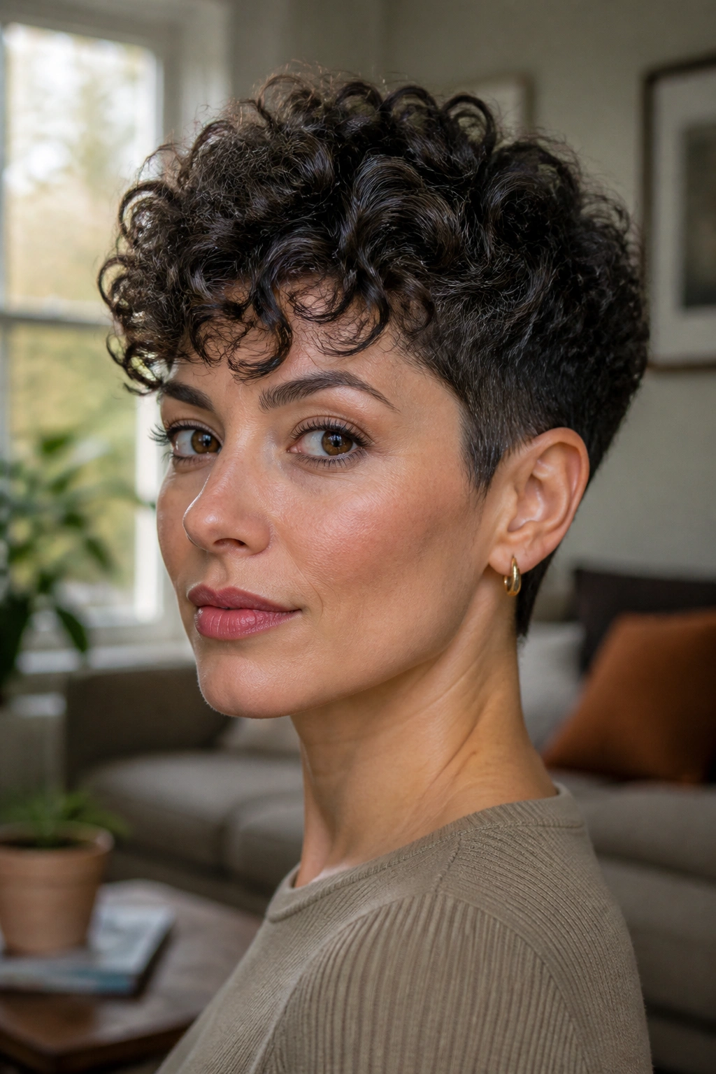 Close-up portrait of a woman with a curly tapered crop, defined sides and springy top curls