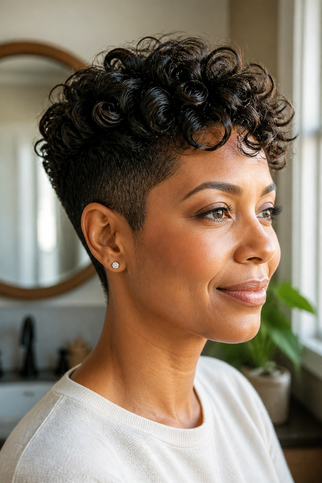 Close-up portrait of a real woman with a curly tapered cut, defined curls and tapered sides in natural window light