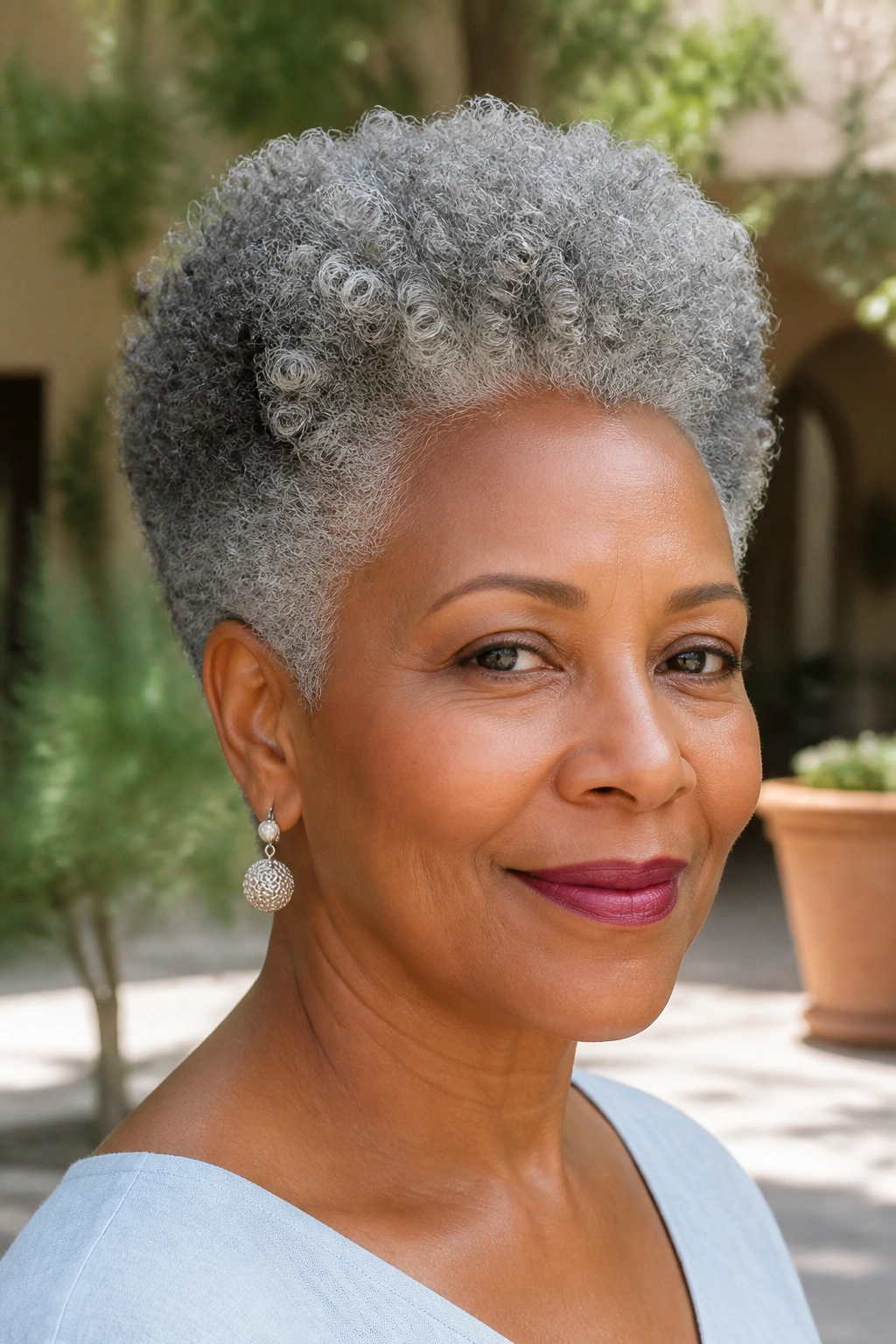 Real woman with gray curly tapered fro outdoors in sunlight
