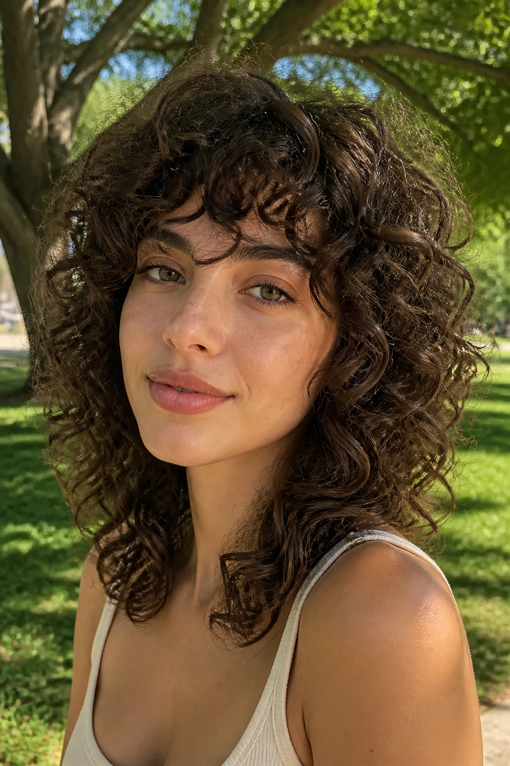 Portrait of a woman with curly-texture shag showing lifted curls