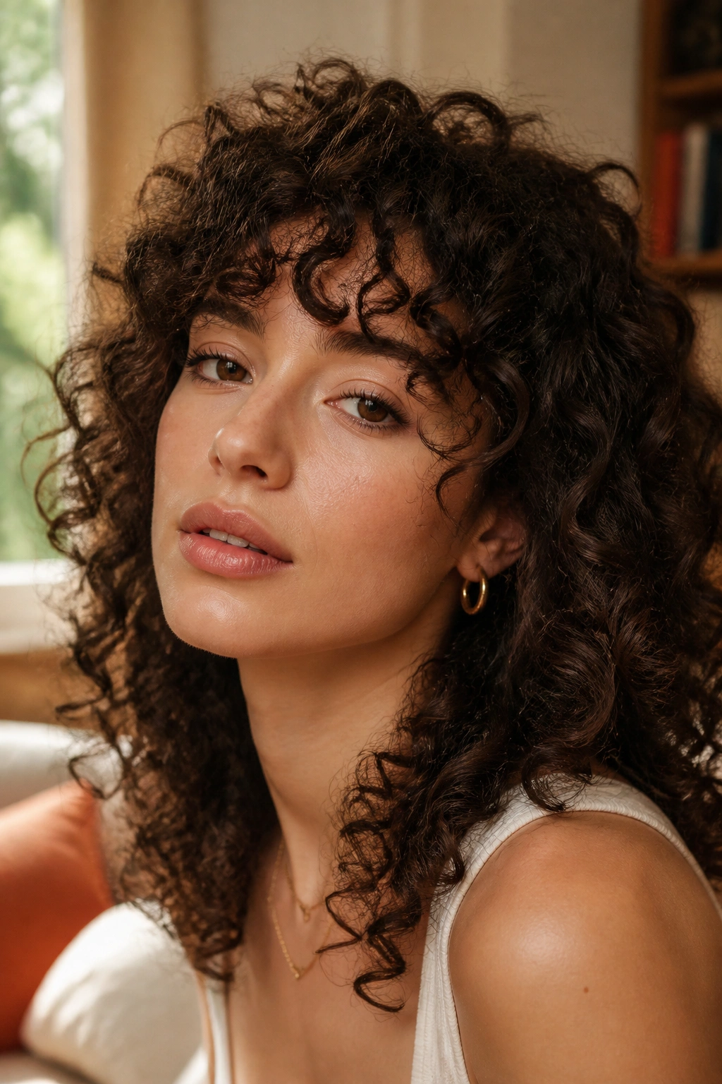 Close-up of a real woman with curly textured bangs in warm indoor light