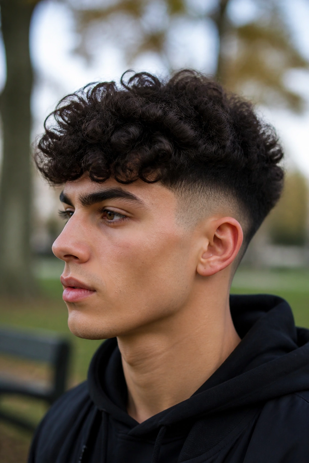 Close-up portrait of a man with curly top and fade hairstyle