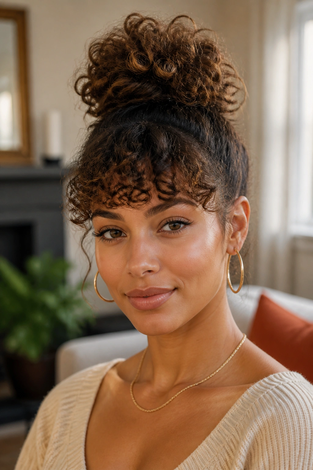 Close-up portrait of a real woman with a curly top knot fringe.