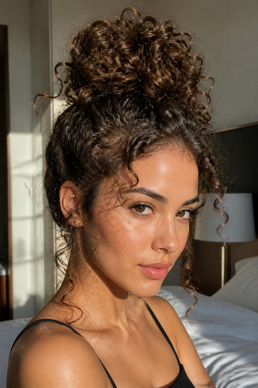 Close-up of real person with curly top knot, natural curls visible around a high bun in a sunlit room.
