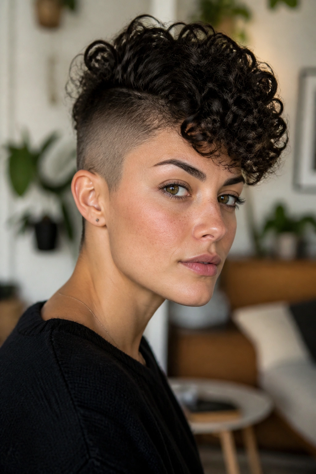 Close-up portrait of a real person with curly top and shaved sides