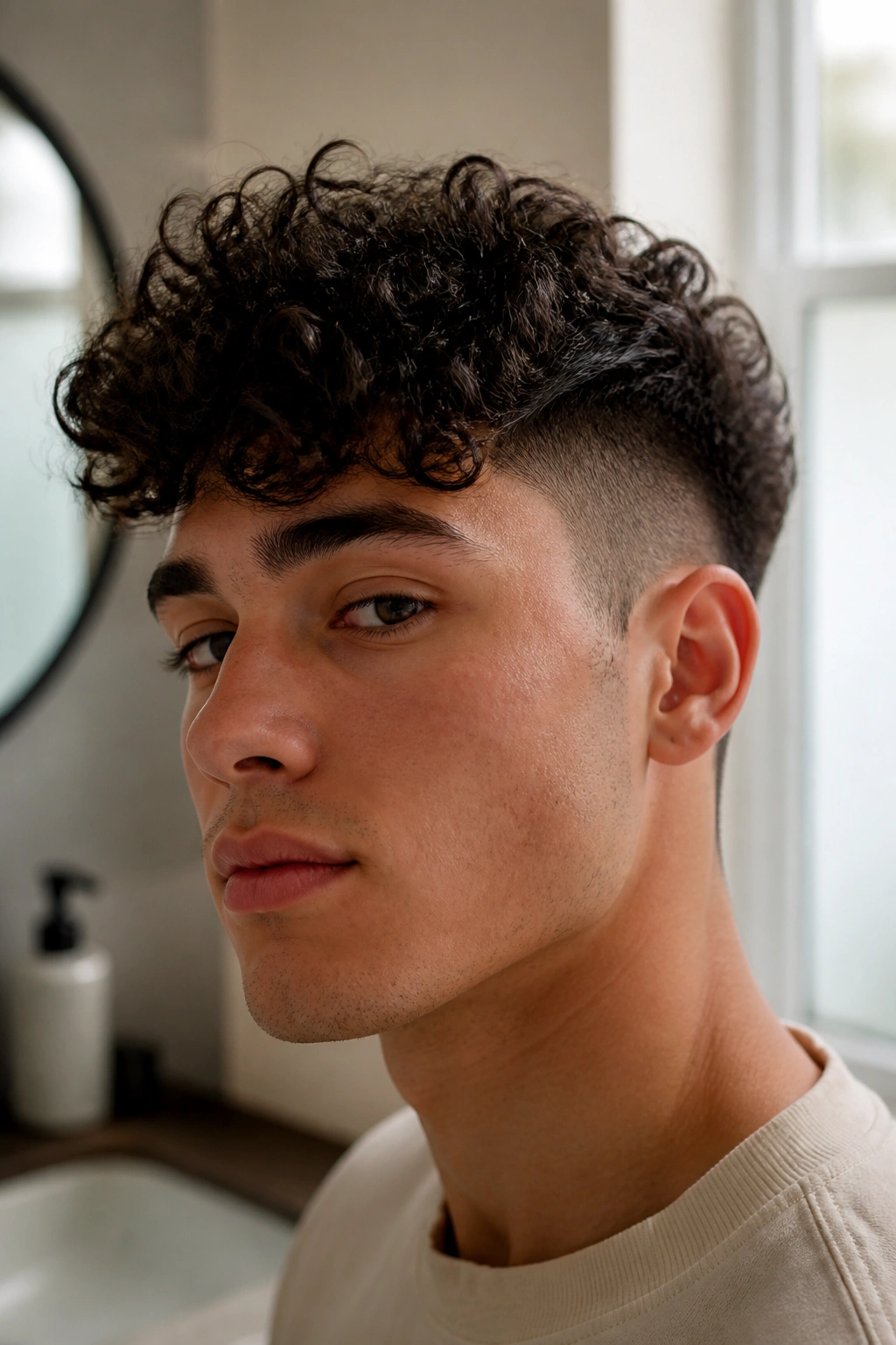 Curly Top Undercut close-up portrait of a real person with defined curls and undercut in a sunlit bathroom