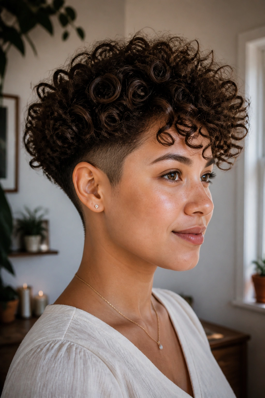 Close-up of a real woman with curly top undercut forming a round crown.