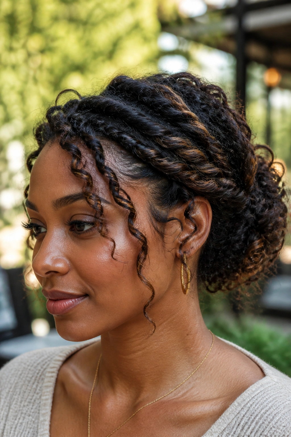 Close-up of a real woman with a curly twist bun preserving curl texture.