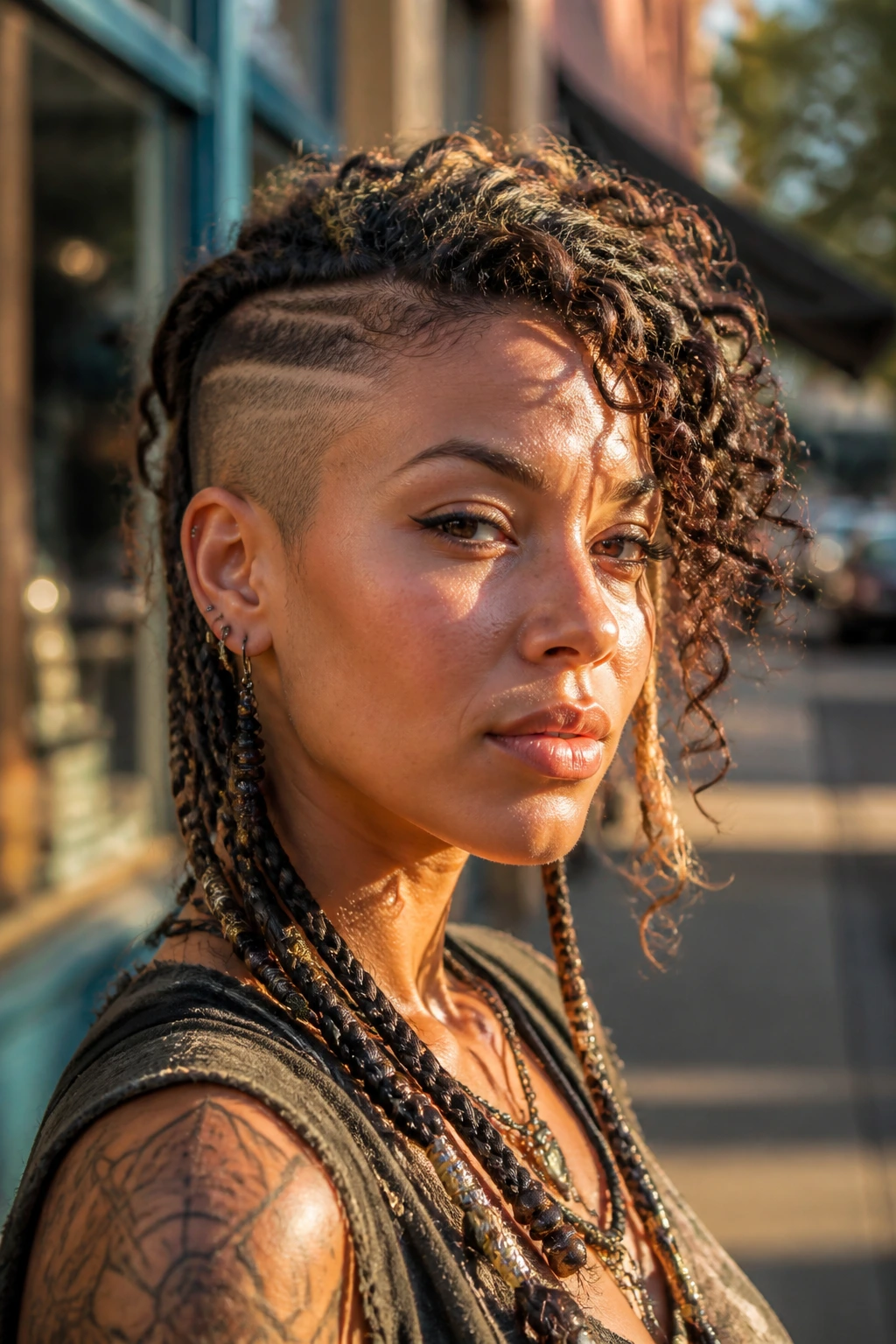 Portrait of a woman with curly crown and beaded braids in an undercut