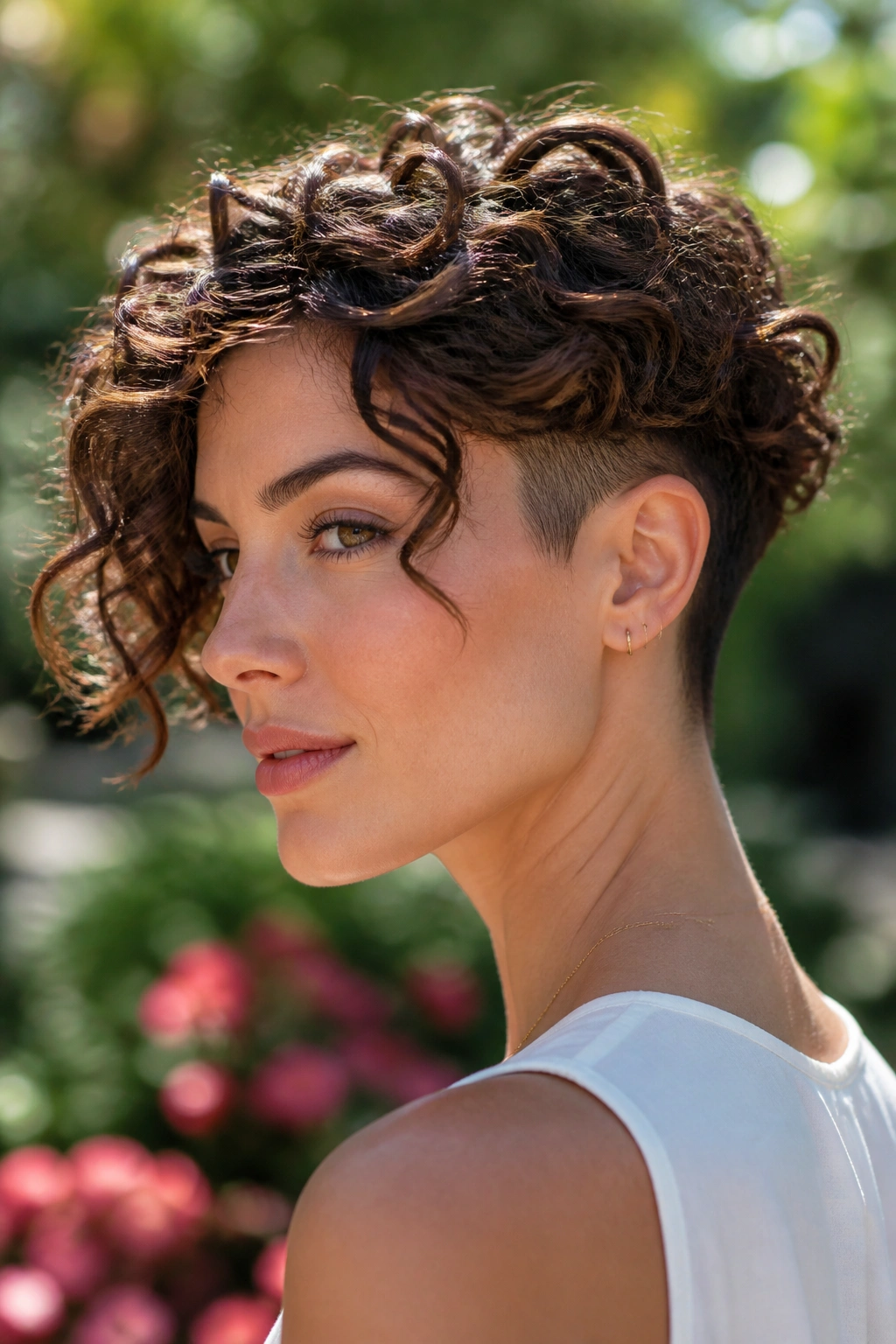 Portrait of a woman with curly undercut bob and short back in natural light