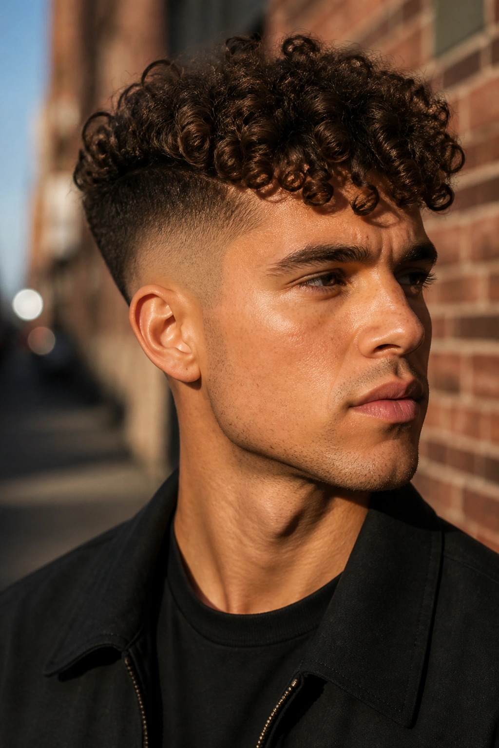Close-up portrait of a man with curly undercut fade.