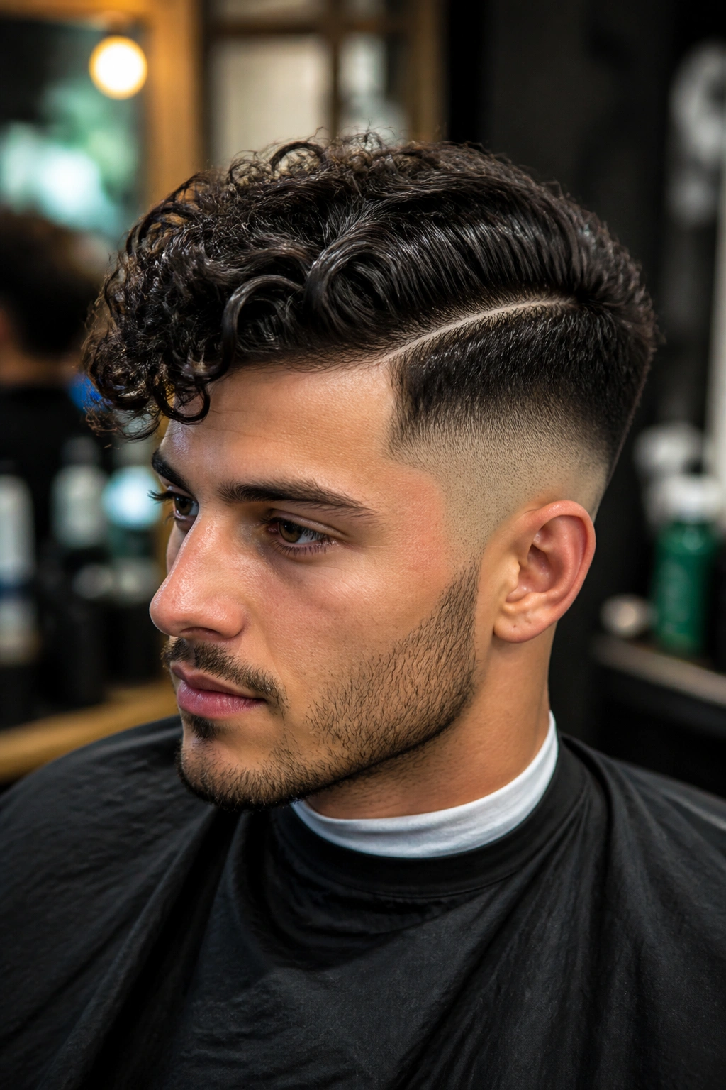 Portrait of a man with curly undercut and hard part in a barber shop.