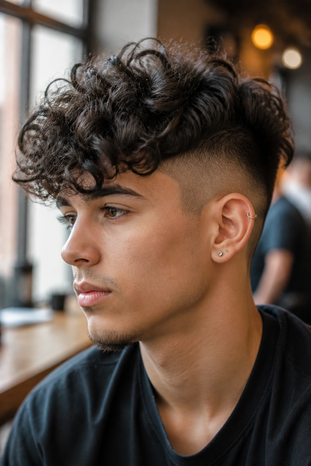 Close-up of a real person showing Curly Undercut with a Heavy Top in a cafe setting