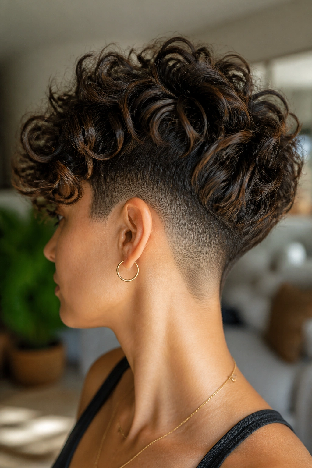 Close-up of a real person with curly hair and a neat undercut at the nape.