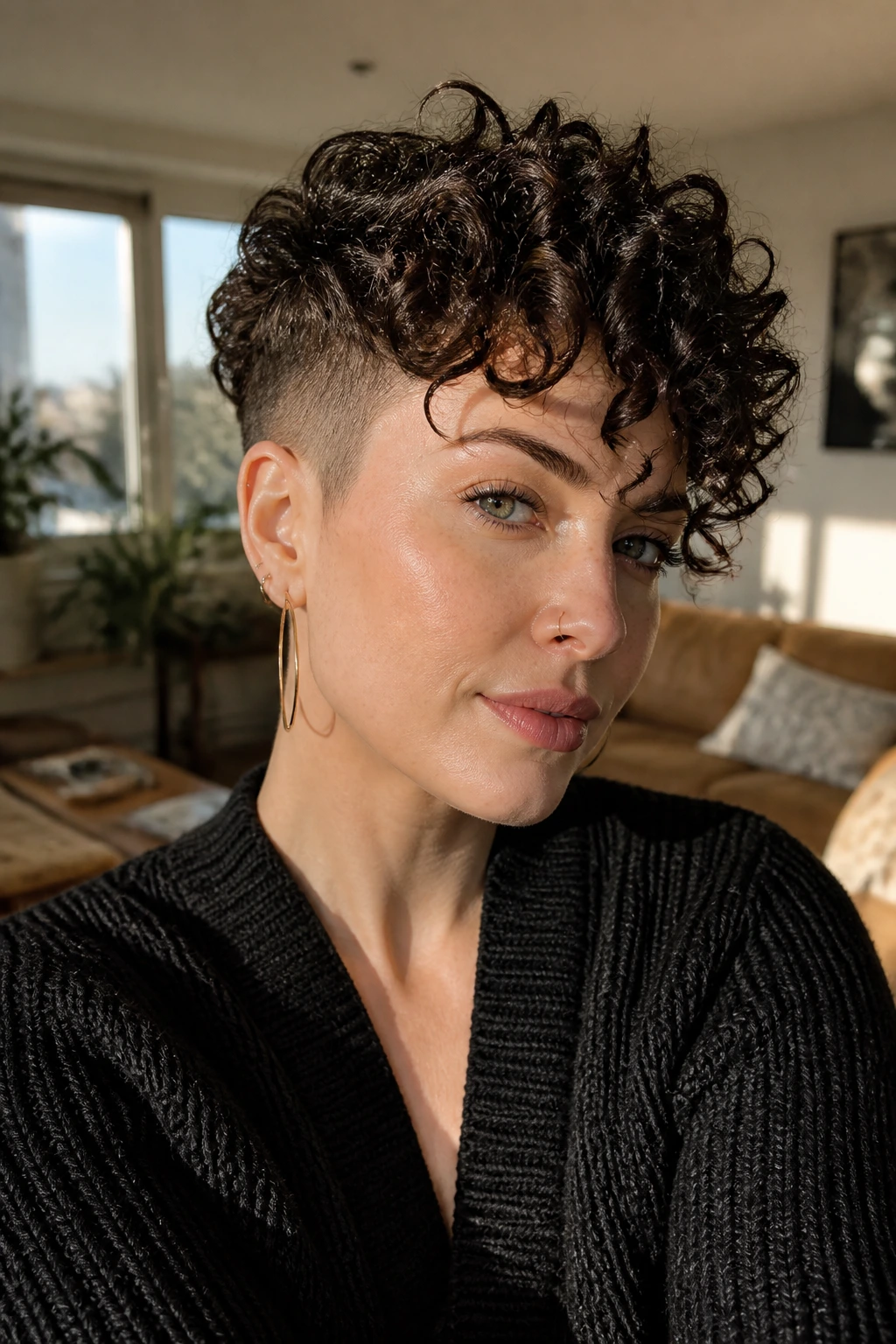 Close-up of a real person with curly undercut pixie and curls framing the face.