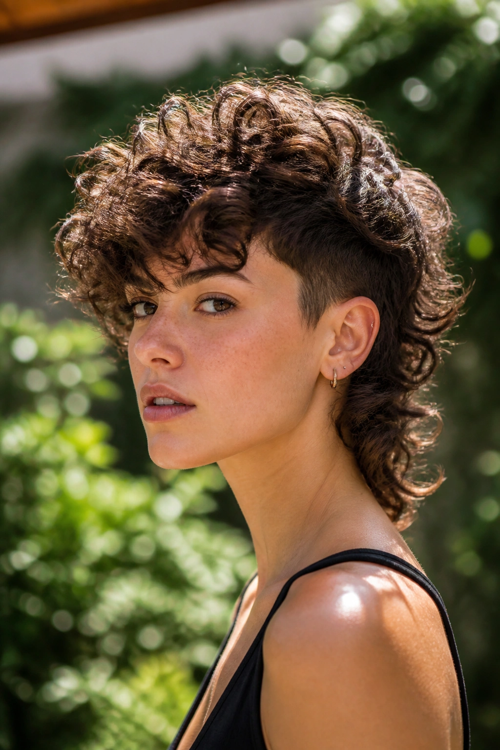 Real person with curly undercut shag and lifted crown in outdoor light