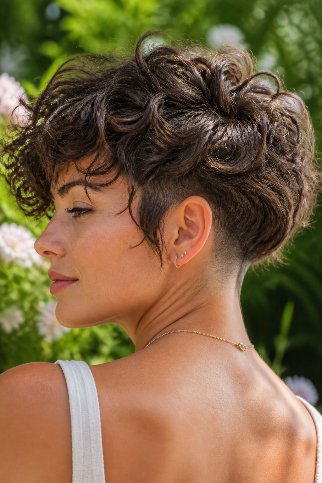 Portrait of a woman with curly undercut shag hairstyle.