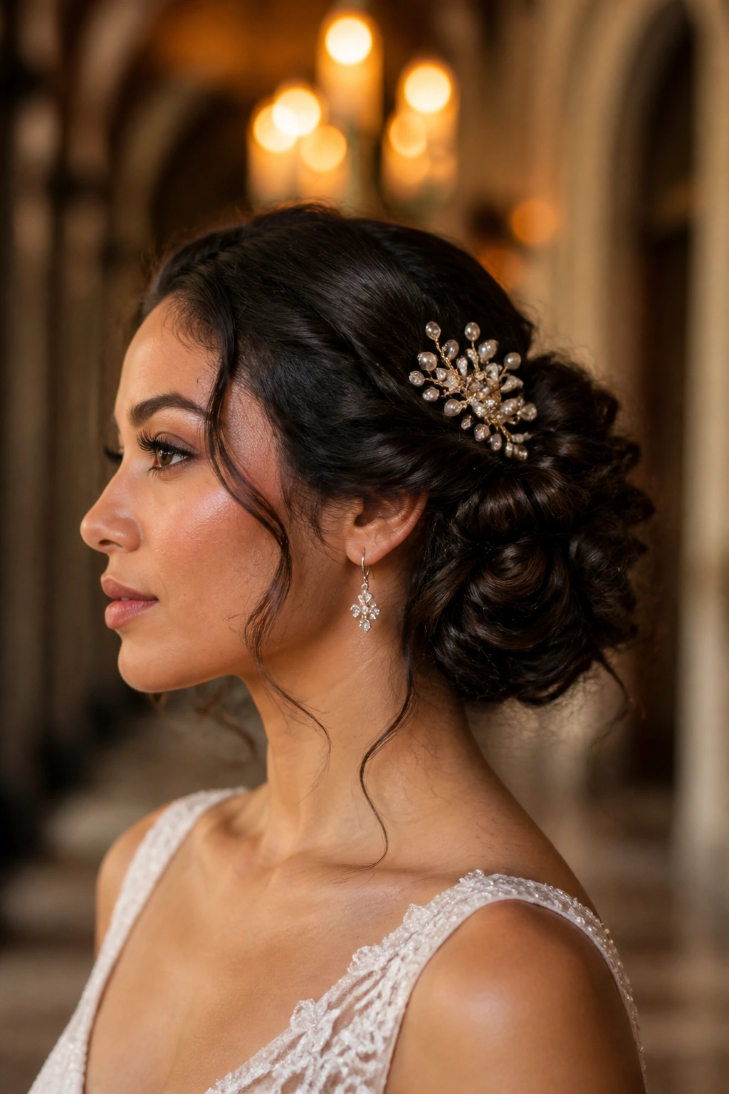 Side roll curly updo with decorative comb on real bride