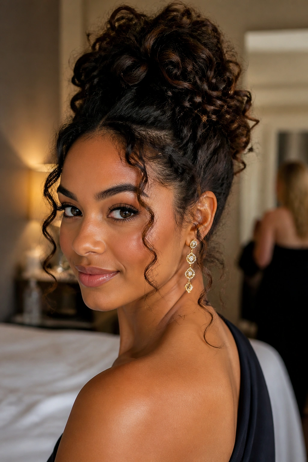 Close-up of a woman with defined curly updo and tendrils framing her face