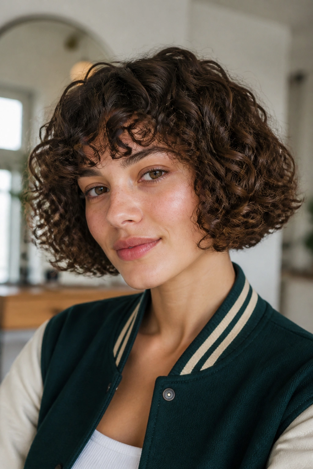 Close-up of real person with curly varsity bob, curls framing the jaw
