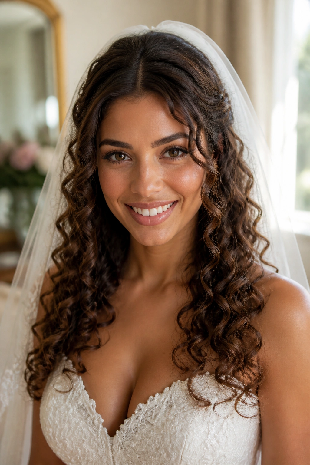 Close-up of a bride with a center-part curl hairstyle and veil behind the part