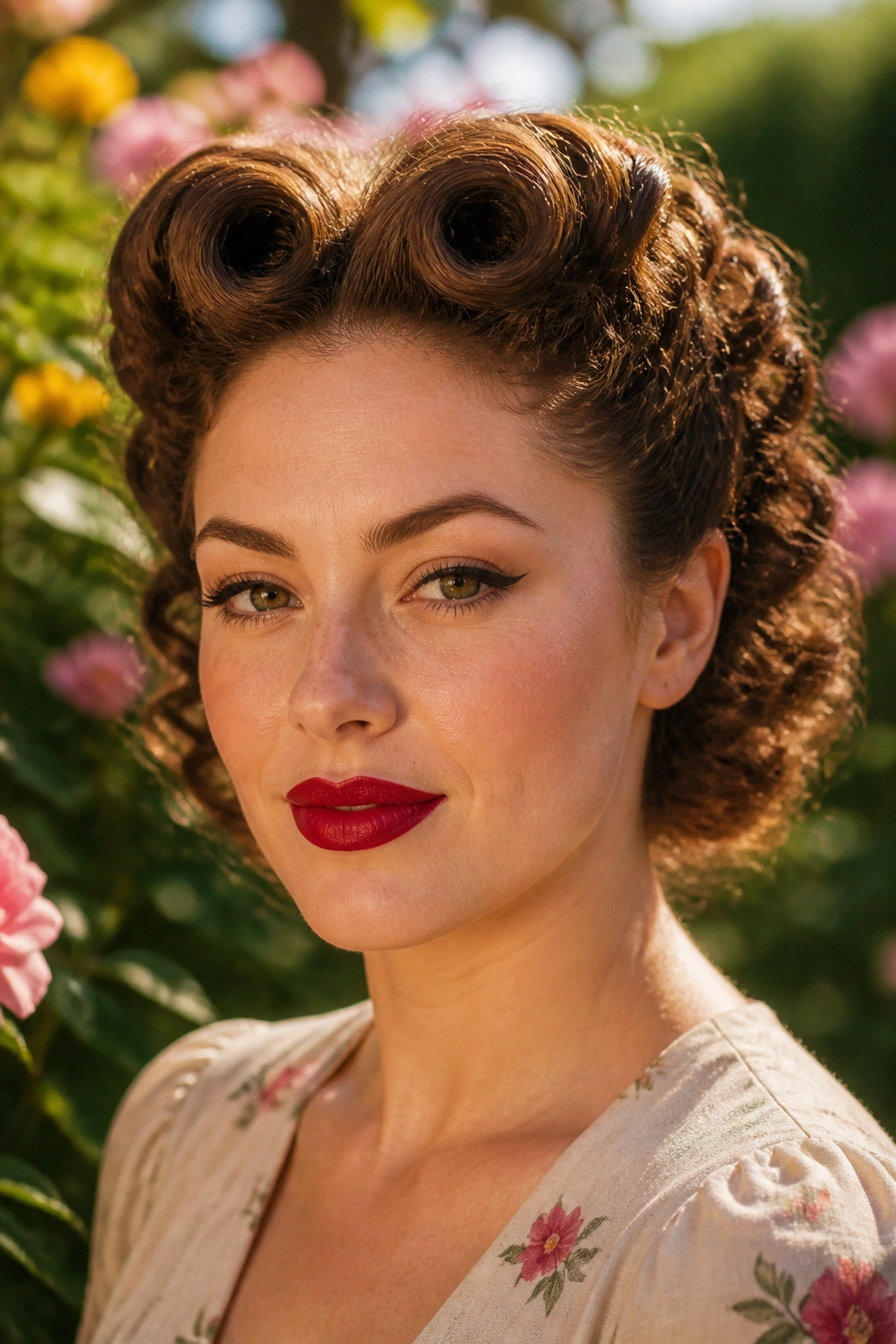 Close-up portrait of a woman with curly victory rolls respecting curl pattern.