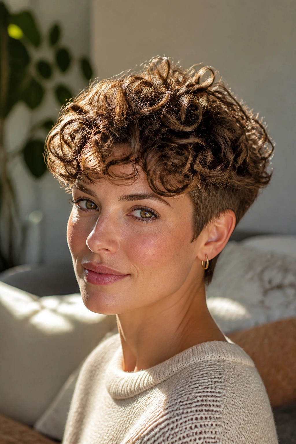 Close-up of real woman with curly volume pixie showing defined top curls in a sunny living room