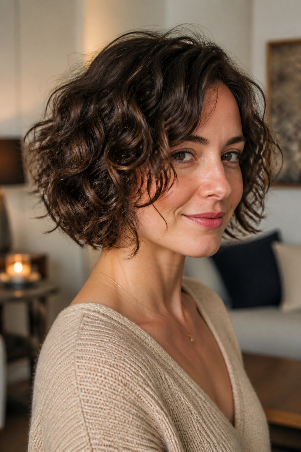 Close-up of a real woman with Curly-Wave Hybrid Bob showing mixed curls and waves