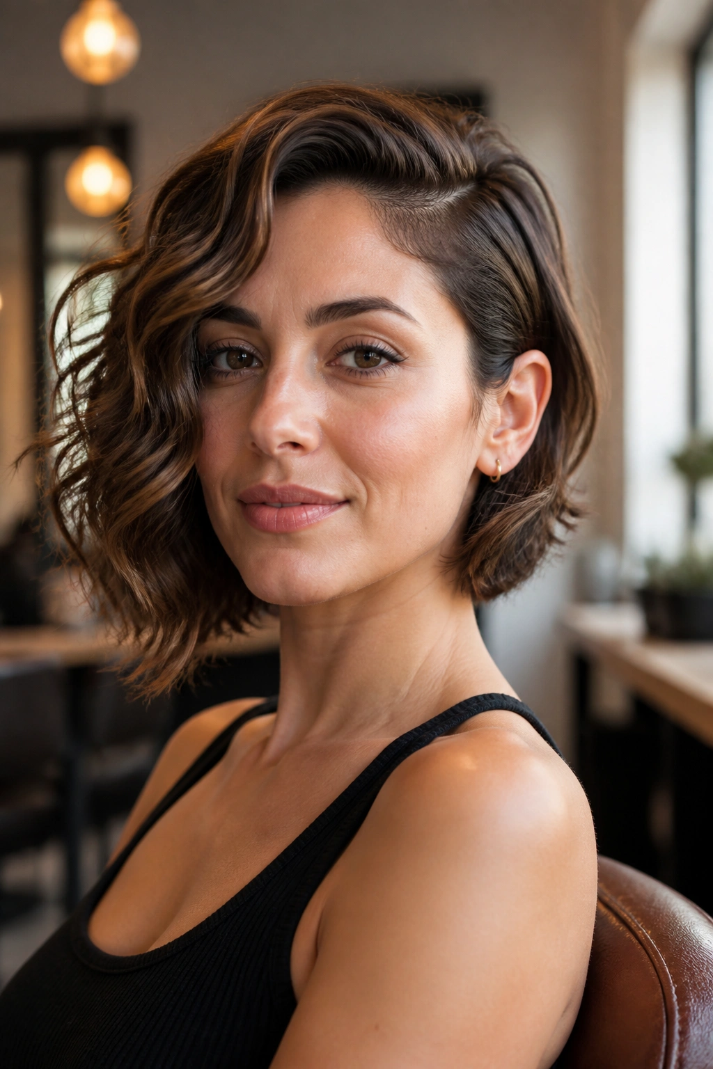 Close-up portrait of a real woman with a curly-wavy bob and tucked-ear side