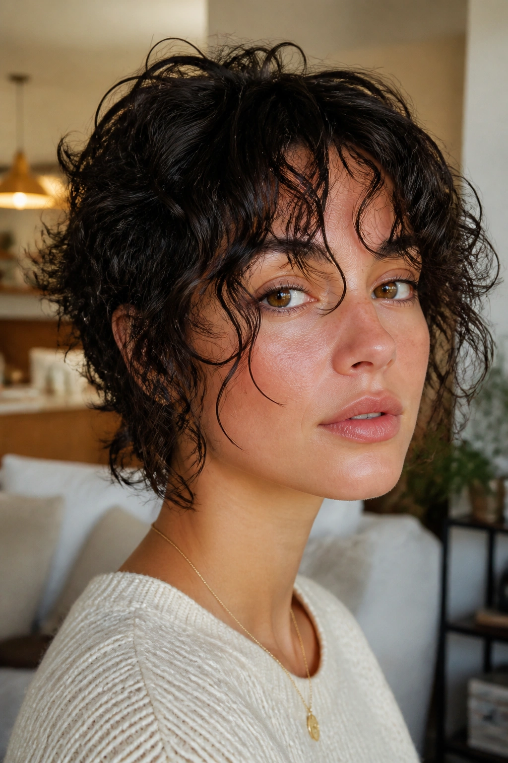 Close-up of a real woman with a curly-wavy crop and separated bangs.