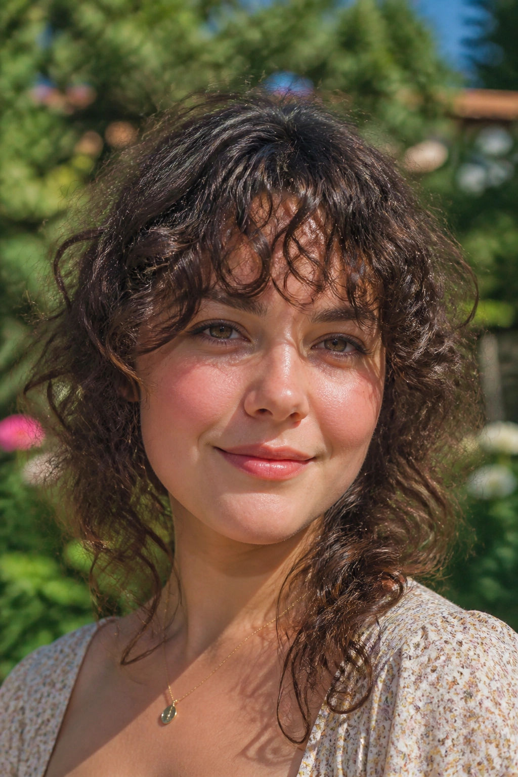Close-up portrait of a real woman with curly or wavy fringe
