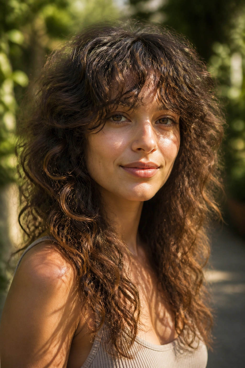 Portrait of a woman with curly-wavy shag for mixed texture in golden hour light