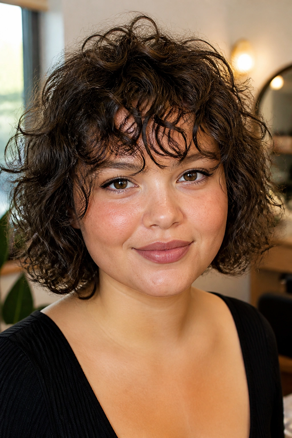 Real woman with curly wispy fringe cut dry in a cozy salon