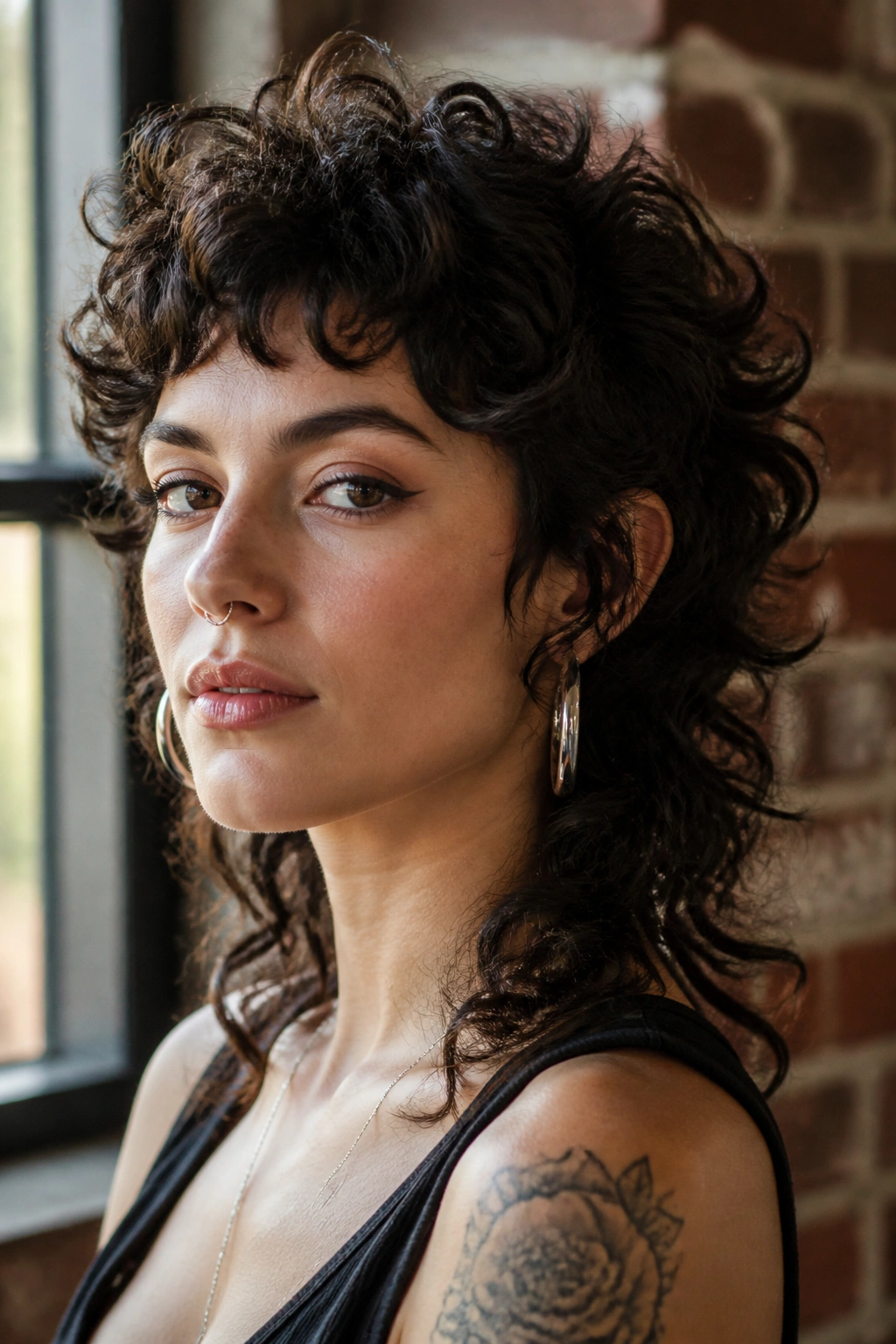 Real woman with curly wolf cut in close-up portrait.